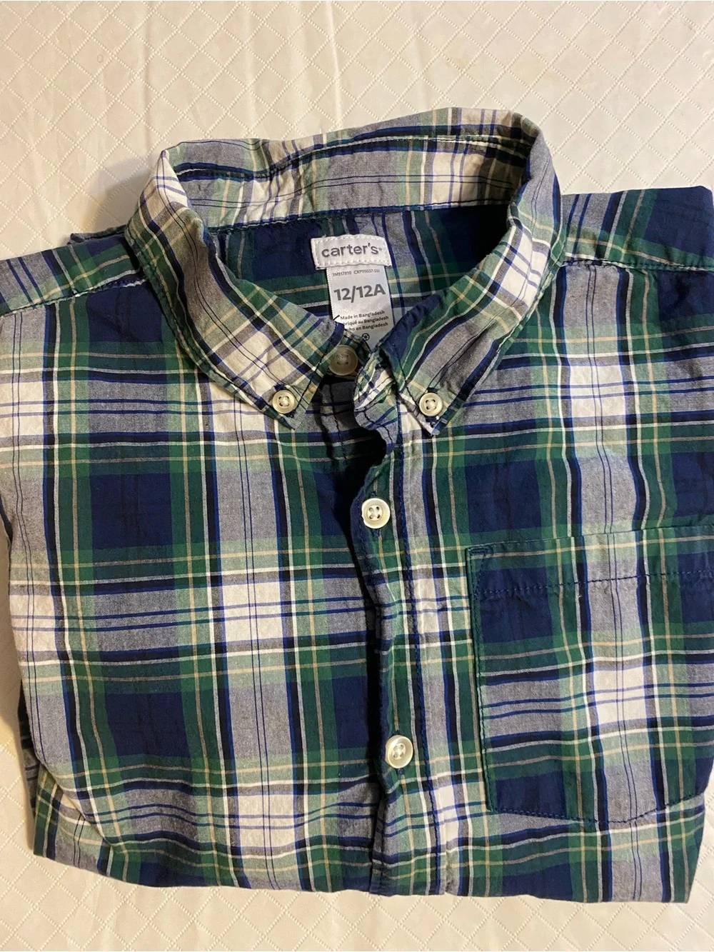 Carter's Green & Navy Plaid Button-Down Shirt boys 12